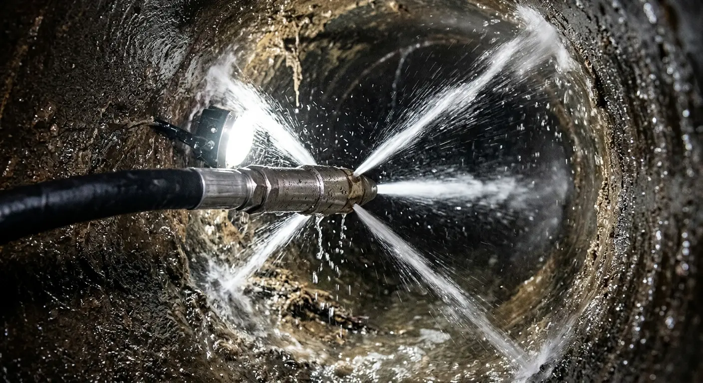 High-pressure hydro jetting nozzle cleaning sewer pipe for Emergency Drain Service in Tifton