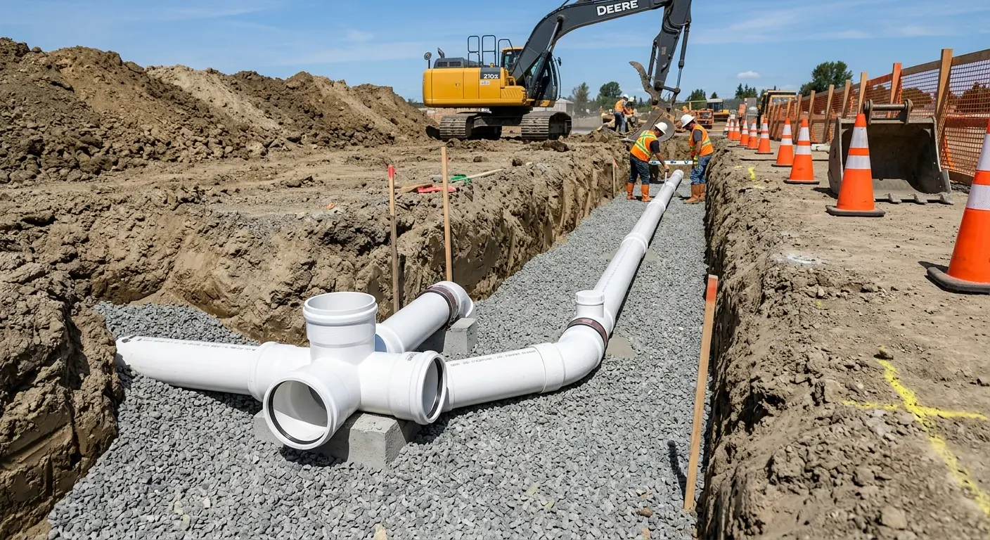 New PVC sewer pipe installation in open trench for Sewer Backup in Tifton