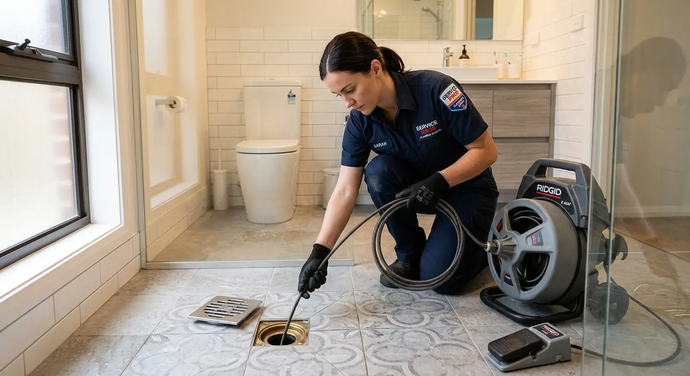 Technician clearing a bathroom floor drain for Drain Cleaning in Tifton